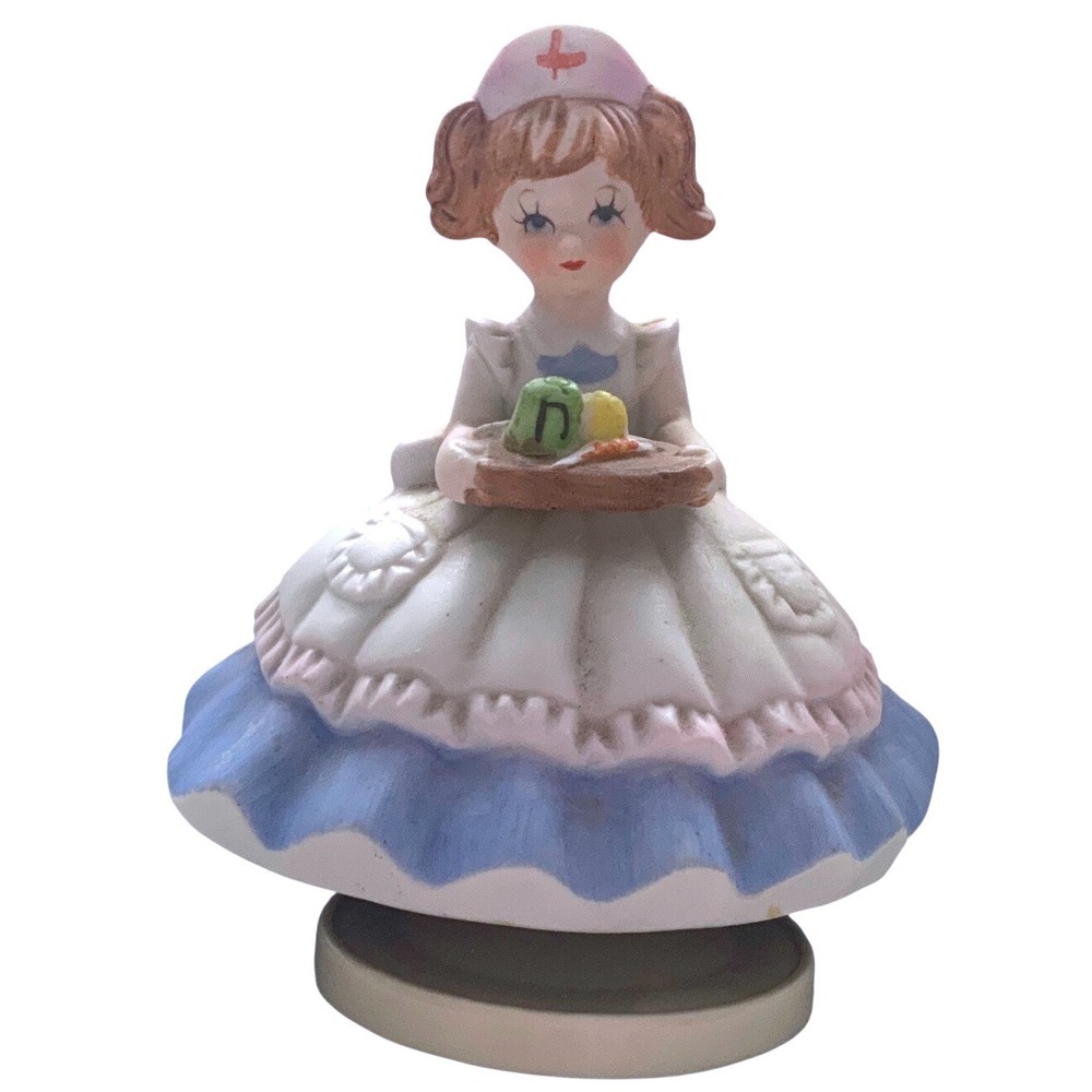 Vintage Albert Price Nurse Music Box Rotating Figurine 1970s Blue White 5"